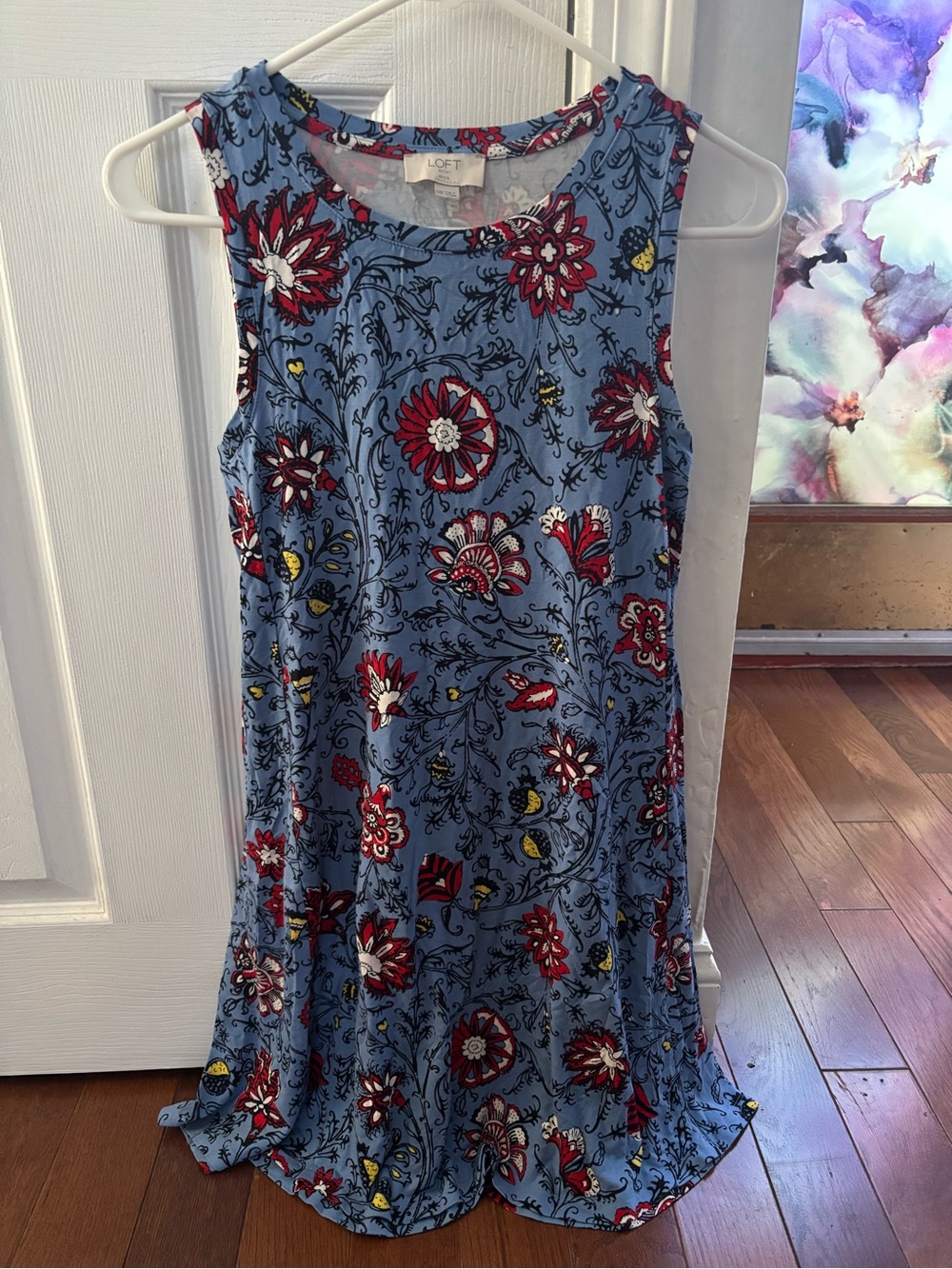 LOFT Blue Floral Sleeveless Scoop Dress with Red and Yellow Accents